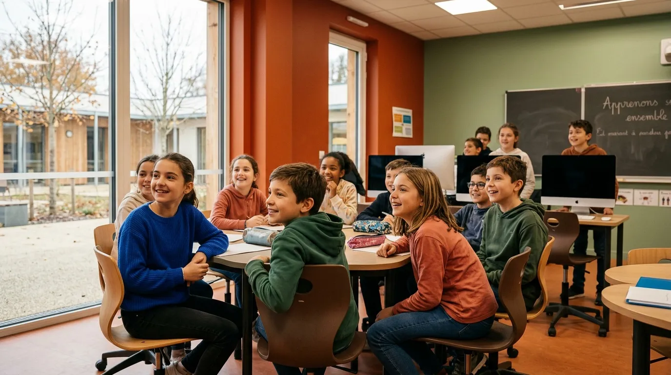 Élèves souriants assis en cercle dans une salle de classe moderne