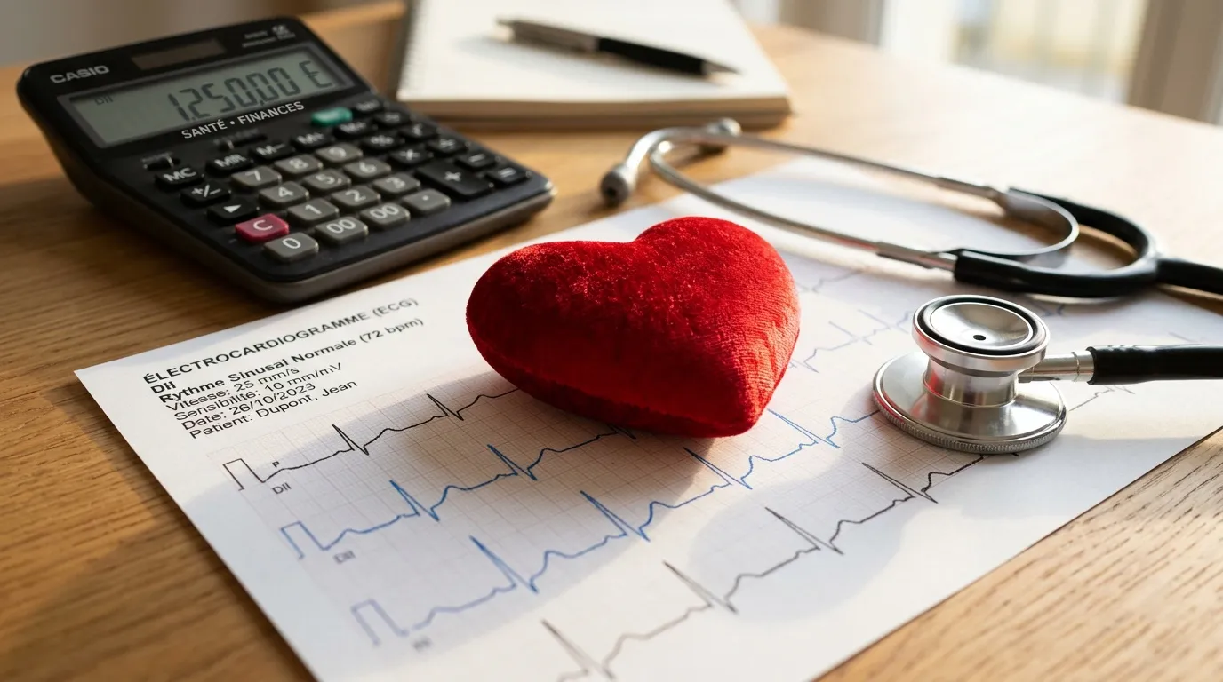 C&oelig;ur rouge, &eacute;lectrocardiogramme, st&eacute;thoscope et calculatrice m&eacute;dicale