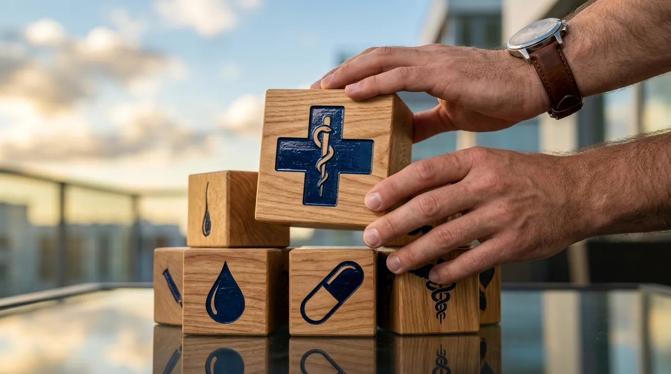 Main arrangeant des cubes en bois avec symboles m&eacute;dicaux