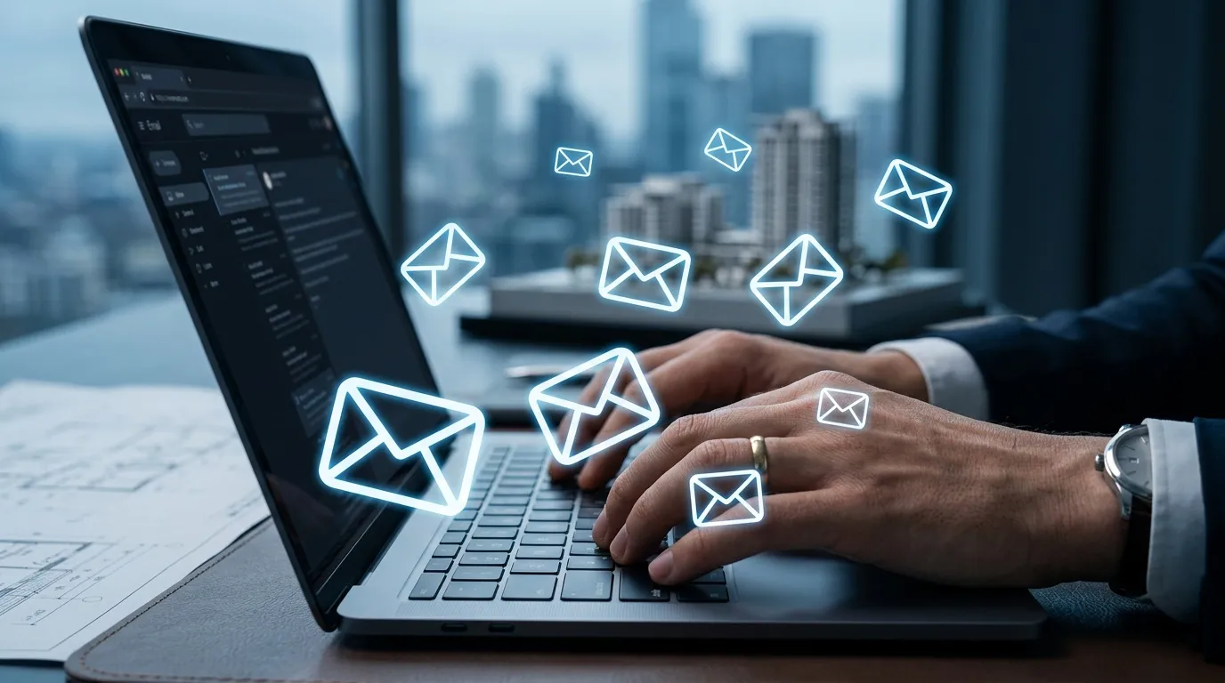 Homme d'affaires utilisant laptop avec icônes email numériques