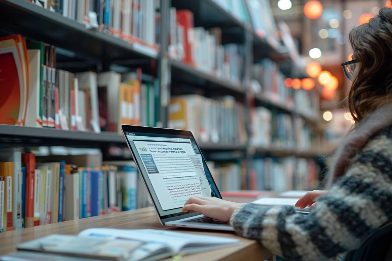Femme debout devant une bibliothèque lisant sur un ordinateur portable