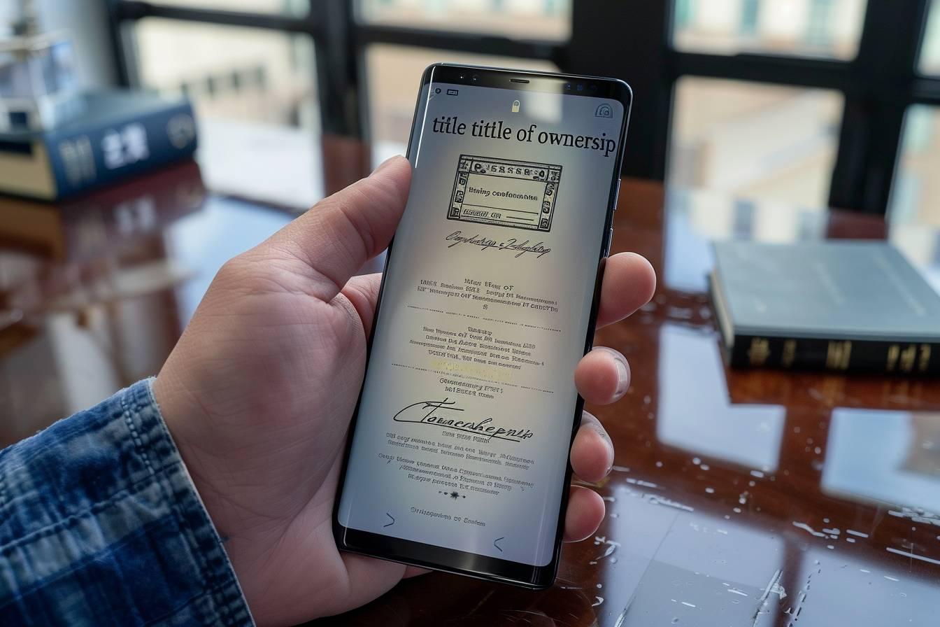 Un smartphone affichant un titre de propri&eacute;t&eacute; num&eacute;rique sur l'&eacute;cran