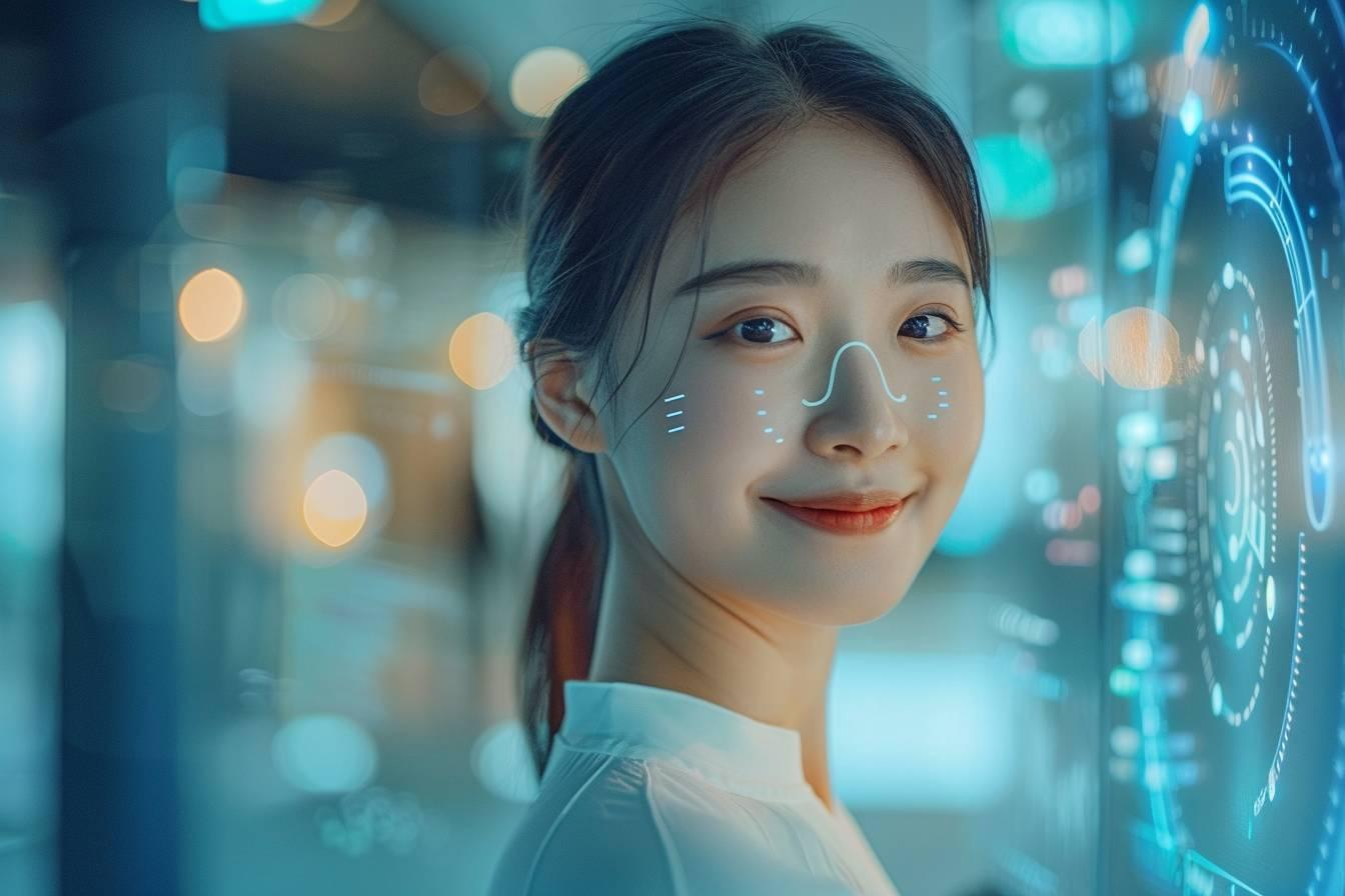Portrait de jeune femme souriante dans un environnement urbain illuminé