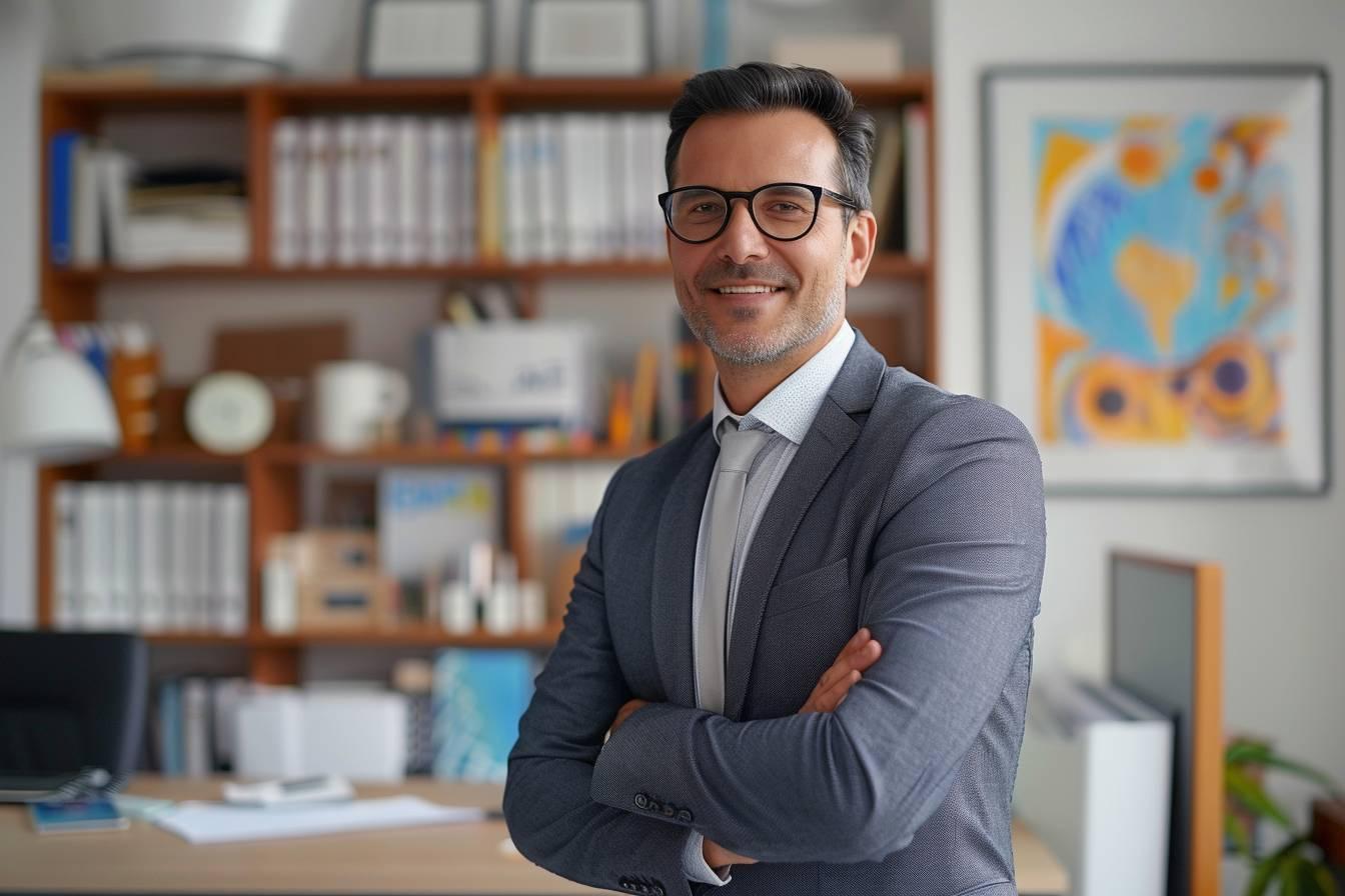 Homme d'affaires dans un bureau bien rangé, souriant avec confiance.