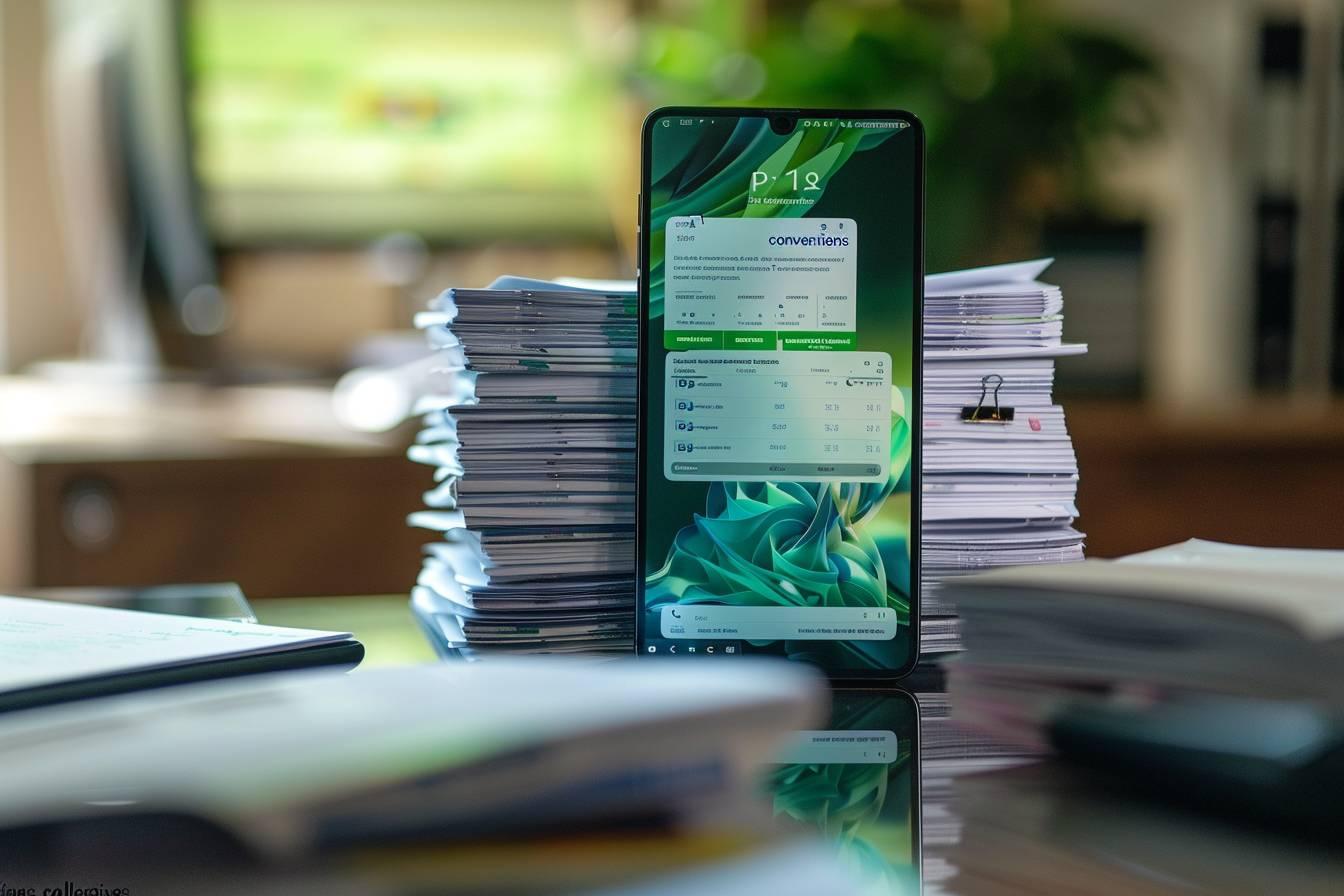 Image d'un smartphone sur un bureau avec de nombreux documents entassés.