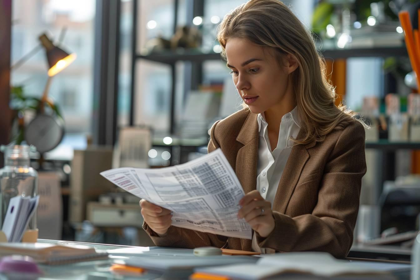 Une femme assise dans un bureau, lisant attentivement un document..