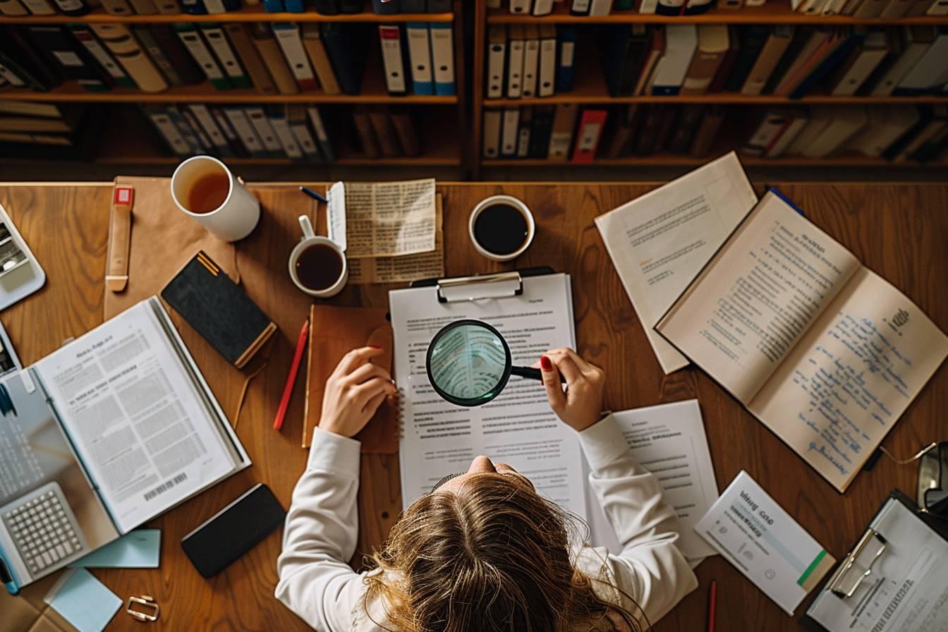 Bureau de travail encombré avec documents, tasses et loupe