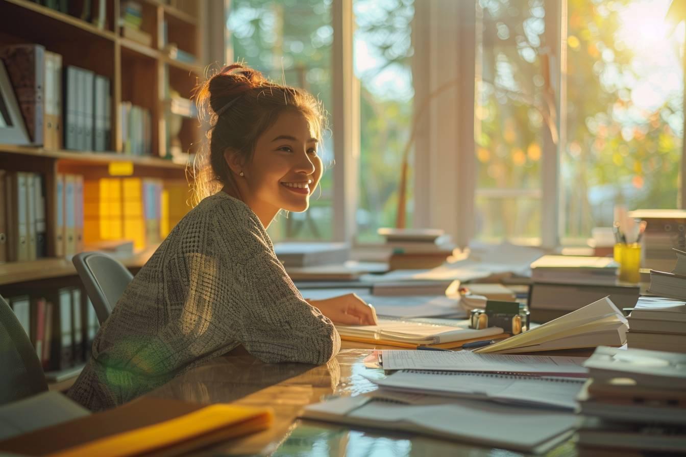 Une étudiante souriante travaille dans une bibliothèque lumineuse.