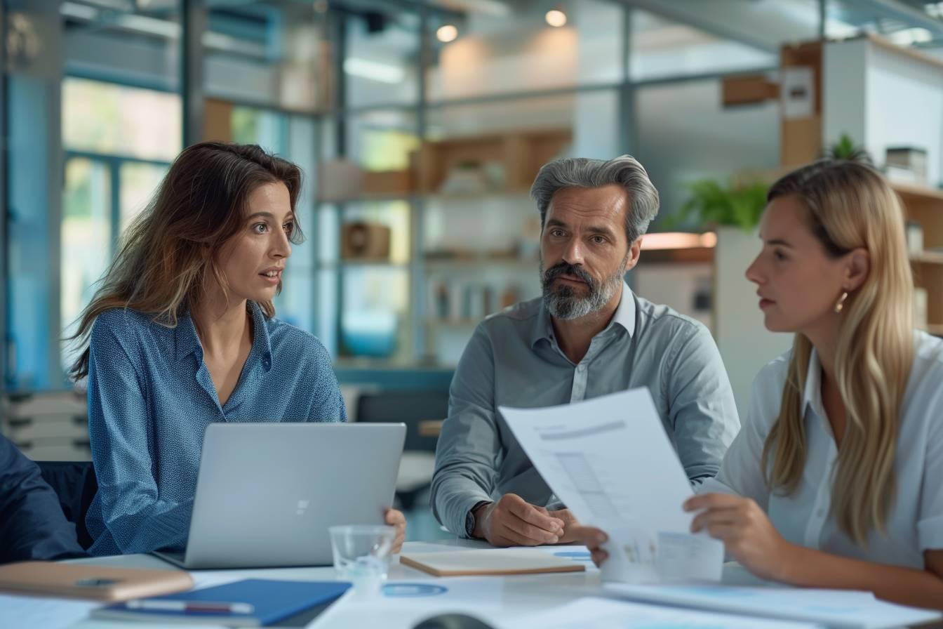 Trois personnes discutant autour d'une table, avec un ordinateur portable