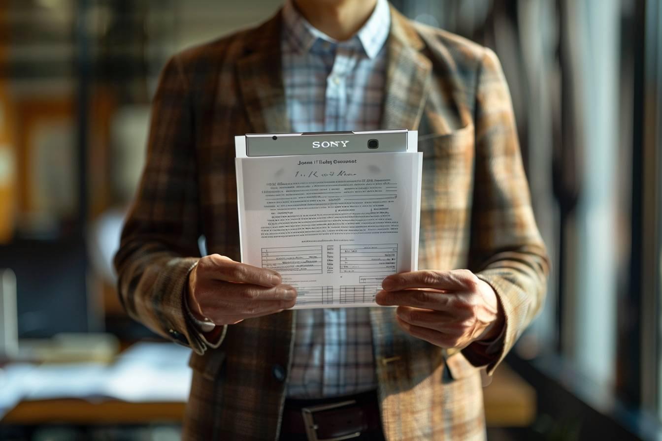 Un homme en costume formel tient un document officiel de la soci&eacute;t&eacute; Sony dans ses mains.