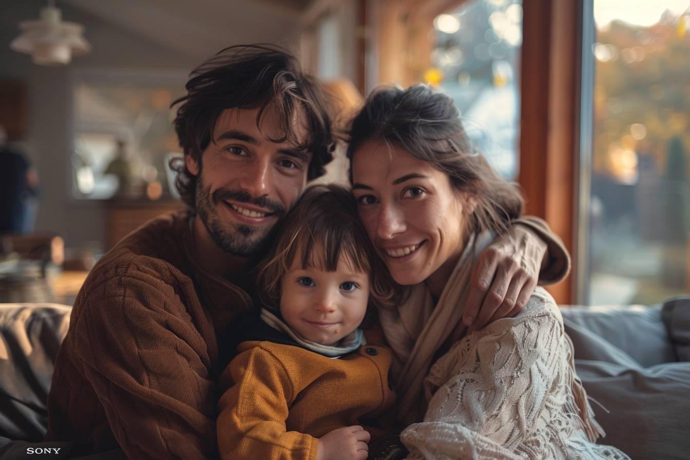 Un couple souriant enlace leur jeune enfant dans un int&eacute;rieur chaleureux.