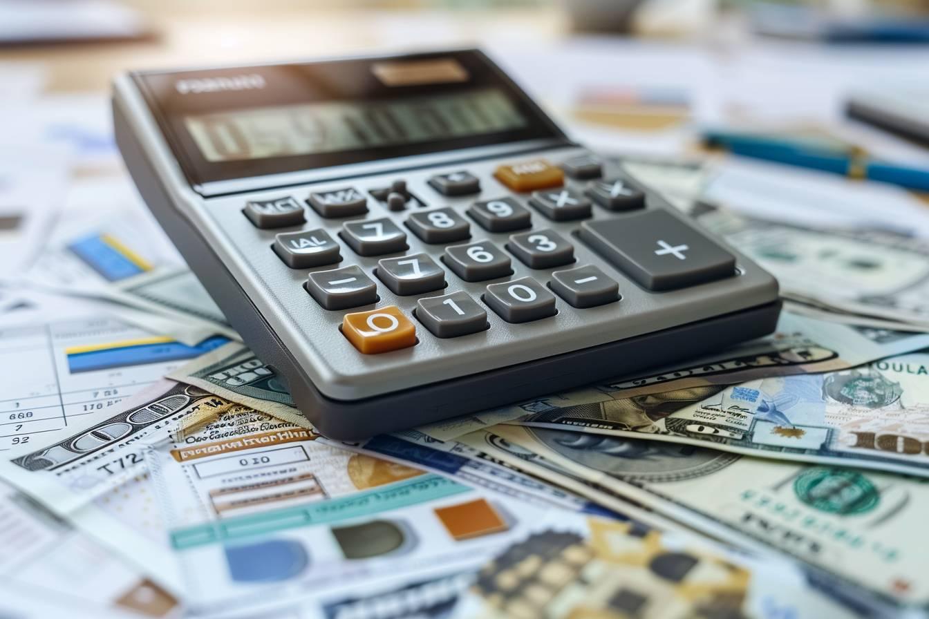 Une calculatrice pos&eacute;e sur des factures et de l'argent liquide
