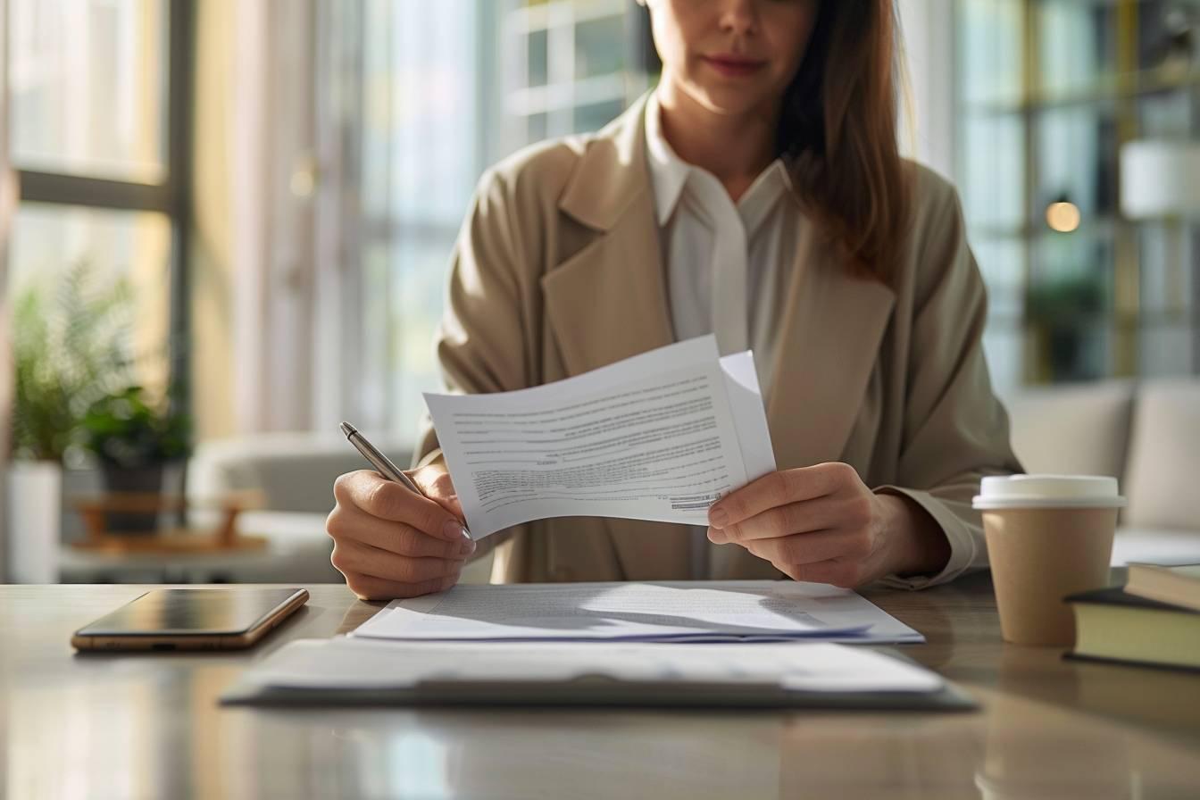 Femme en v&ecirc;tements professionnels signant un document avec un stylo