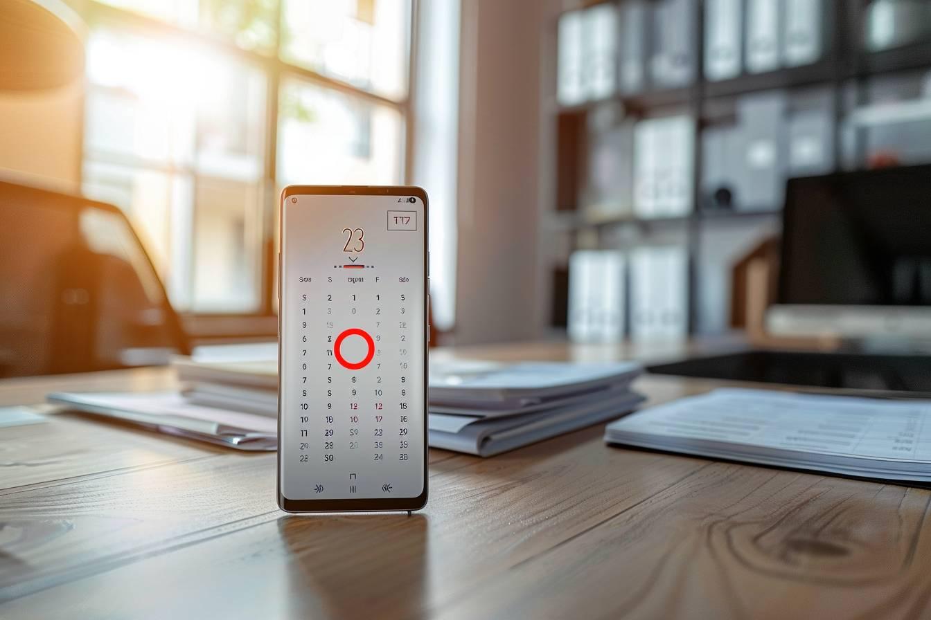 Smartphone avec affichage de l'heure et du calendrier sur un bureau de travail