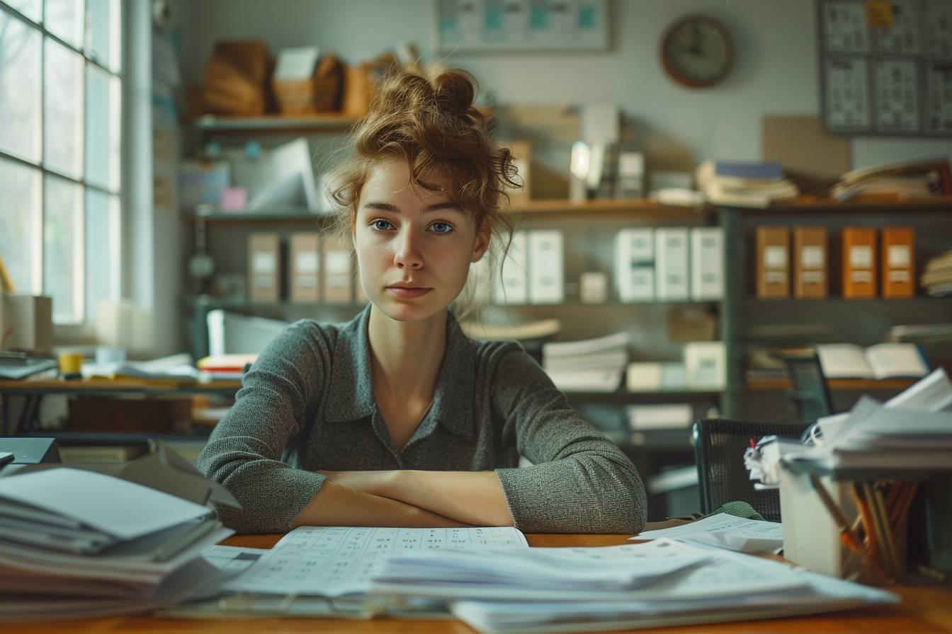 Une jeune femme pensive dans un bureau encombr&eacute; de documents.