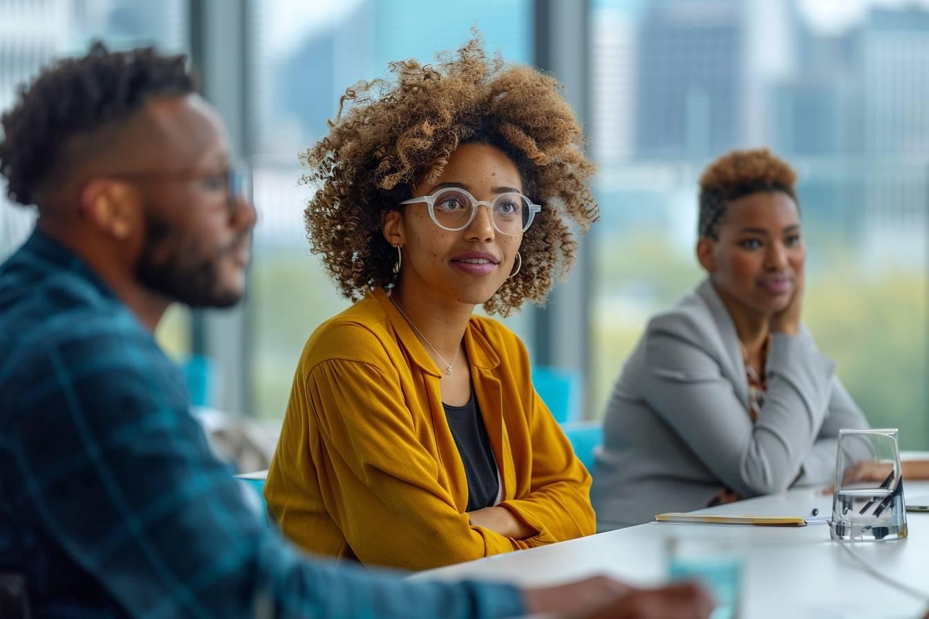 Trois personnes discutant autour d'une table dans un bureau moderne