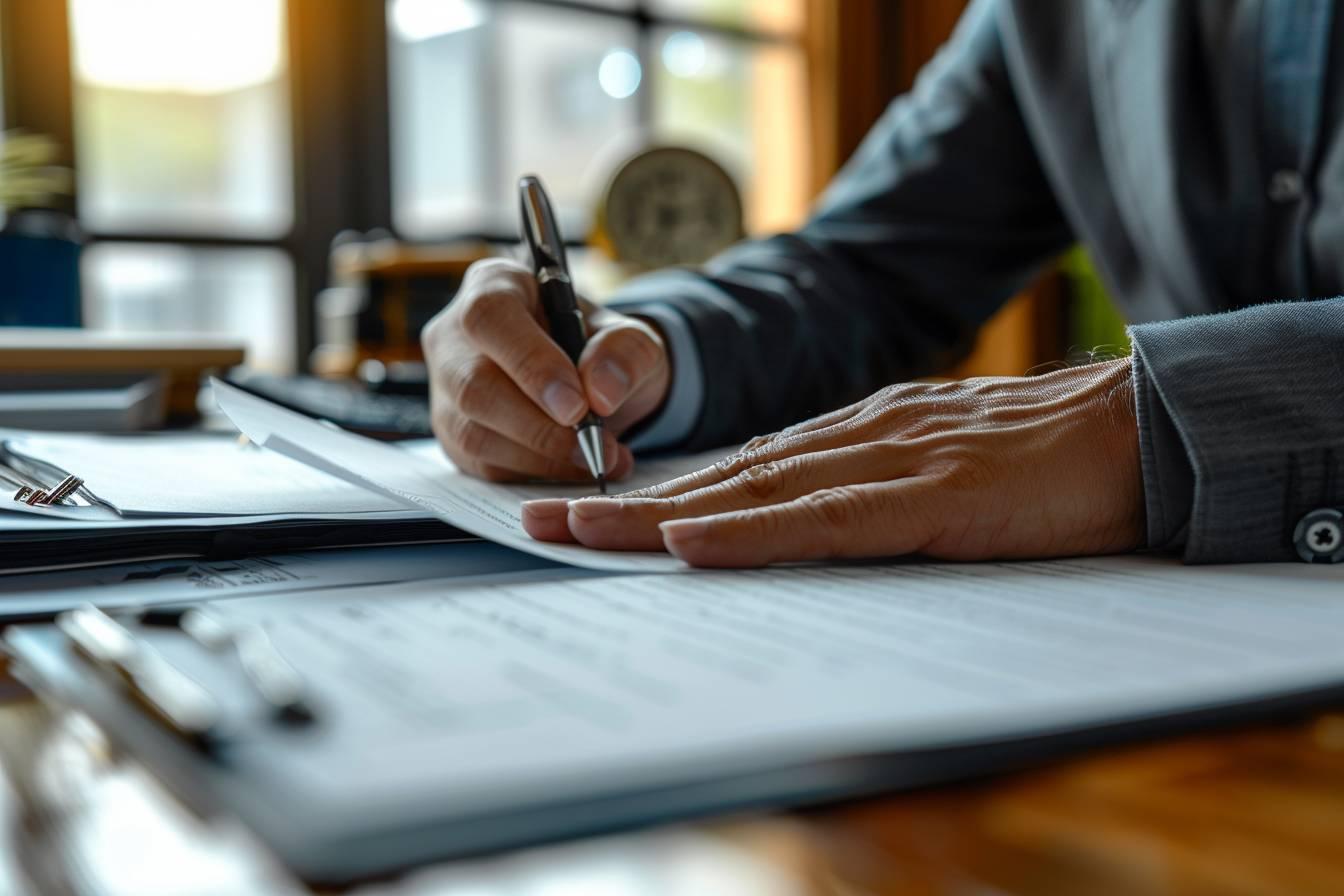 Gros plan sur des mains signant un document en bureau