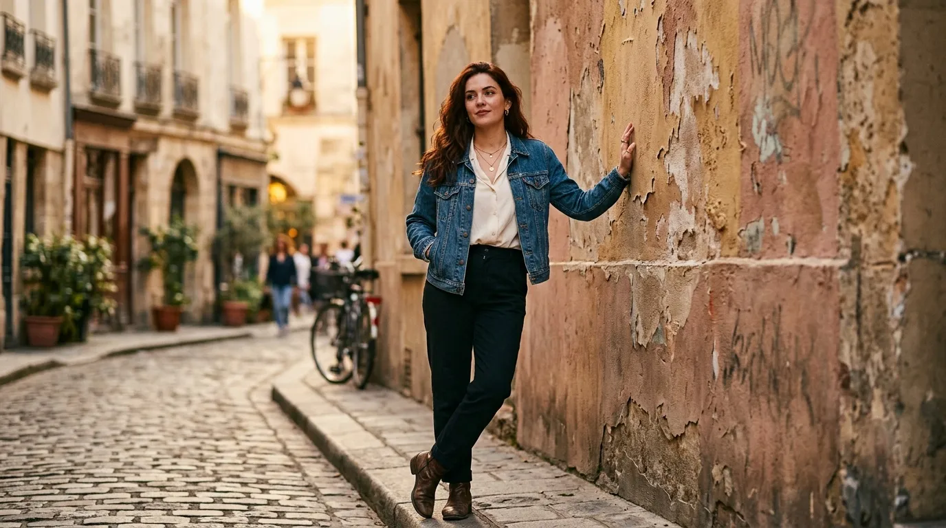 Femme en jean et pantalon noir dans une vieille rue pav&eacute;e