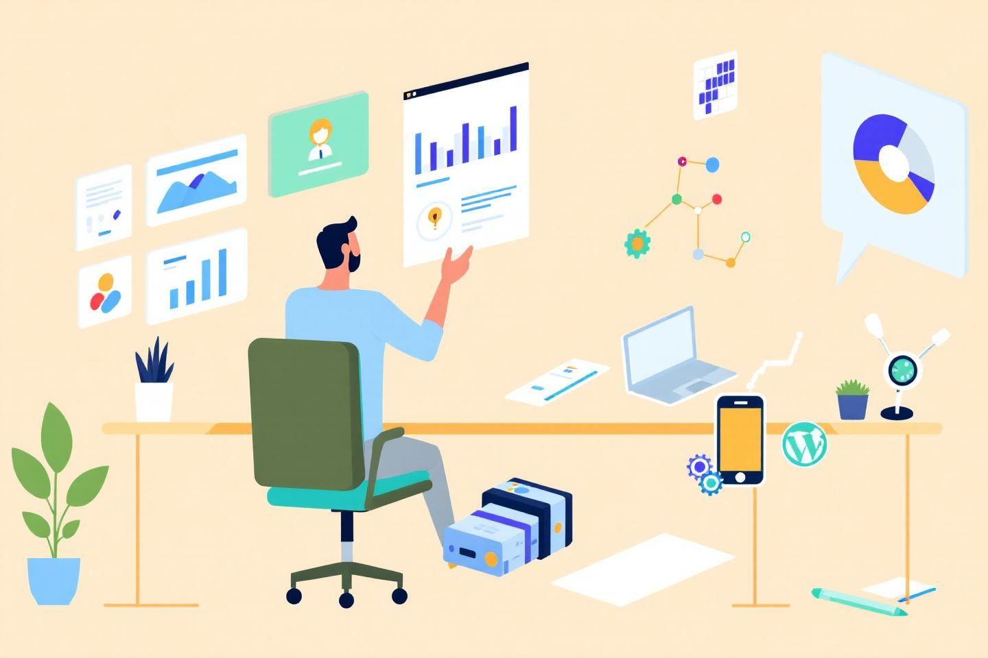 Espace de travail numérique avec graphiques, périphériques et visualisation d'informations