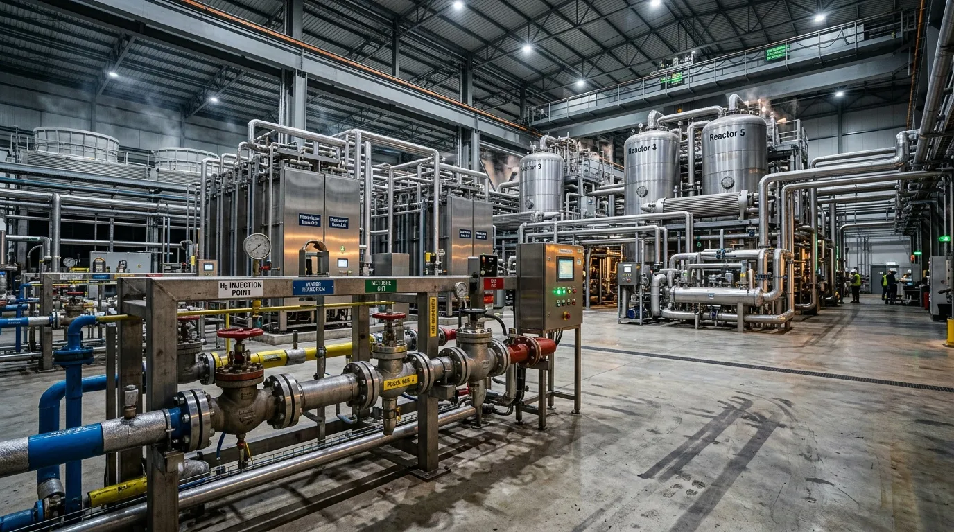 Installation industrielle avec réacteurs, tuyauterie et équipements de production
