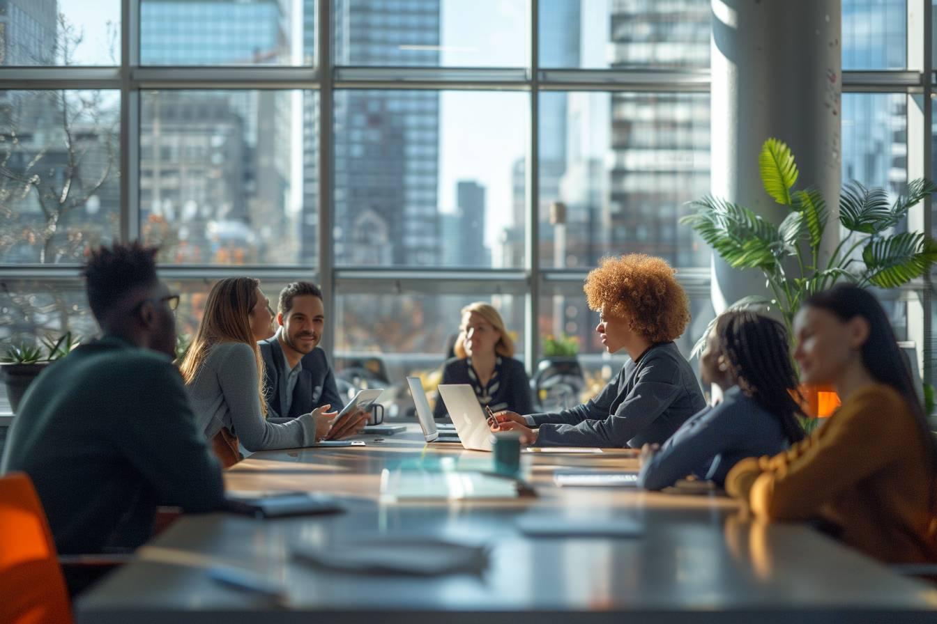 Un groupe de personnes en costume d'affaires discutant autour d'une table dans un bureau lumineux