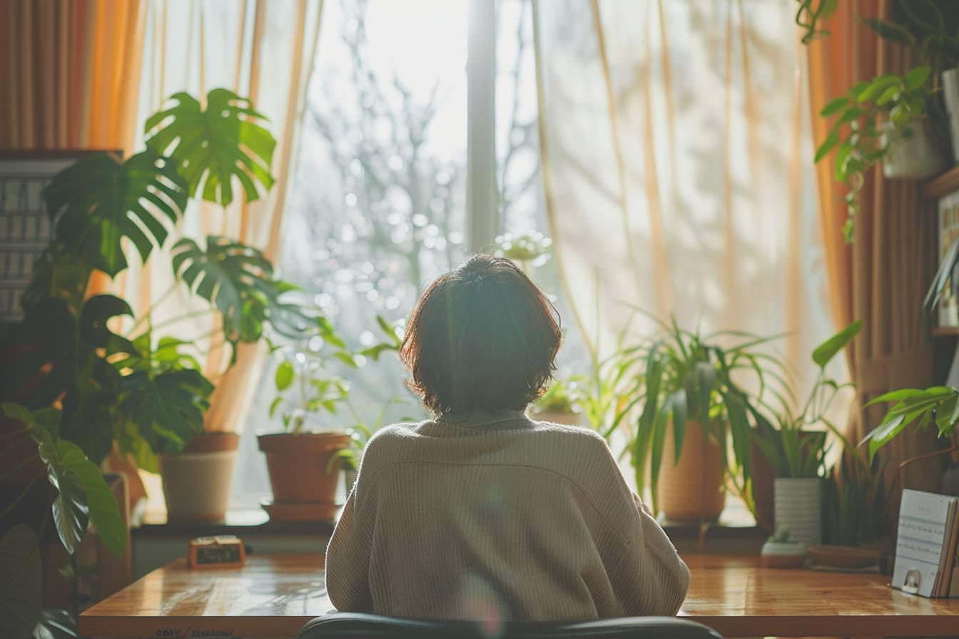 Personne assise dans une pièce lumineuse, entourée de plantes vertes