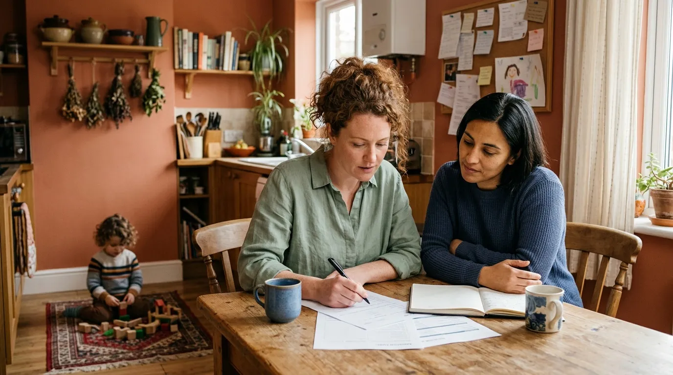 Deux femmes discutent autour d'une table avec documents