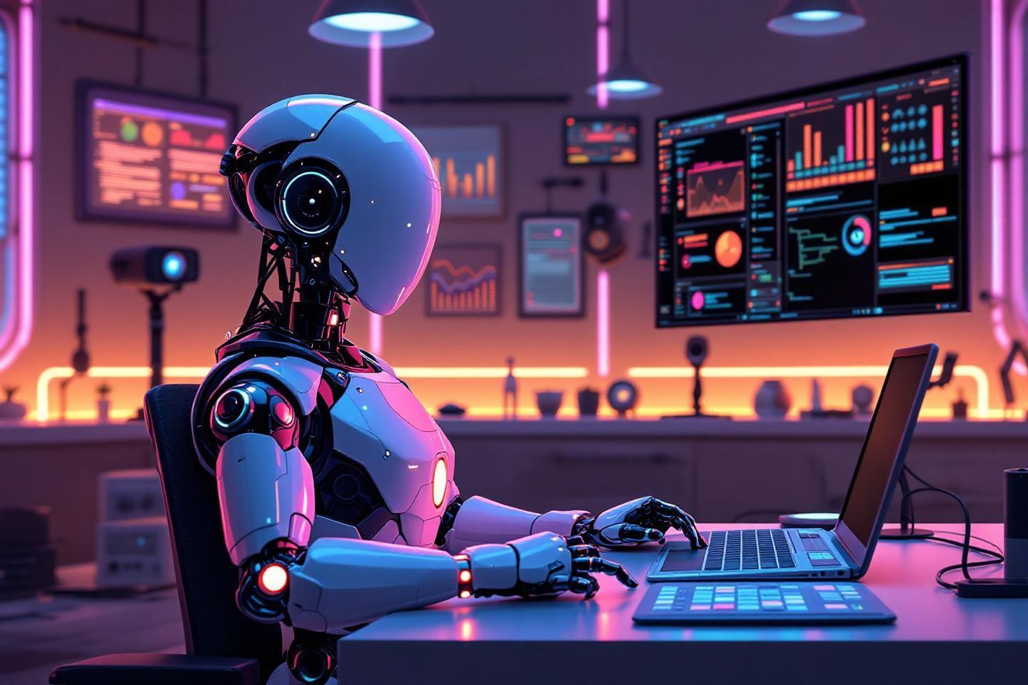 Robot futuriste travaillant sur des &eacute;crans de donn&eacute;es color&eacute;s