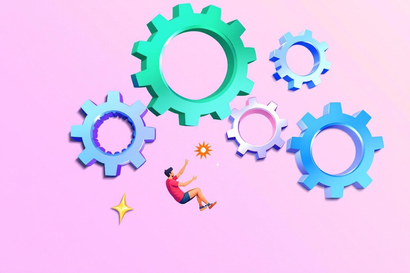 Personnage interagissant avec des engrenages color&eacute;s sur fond rose