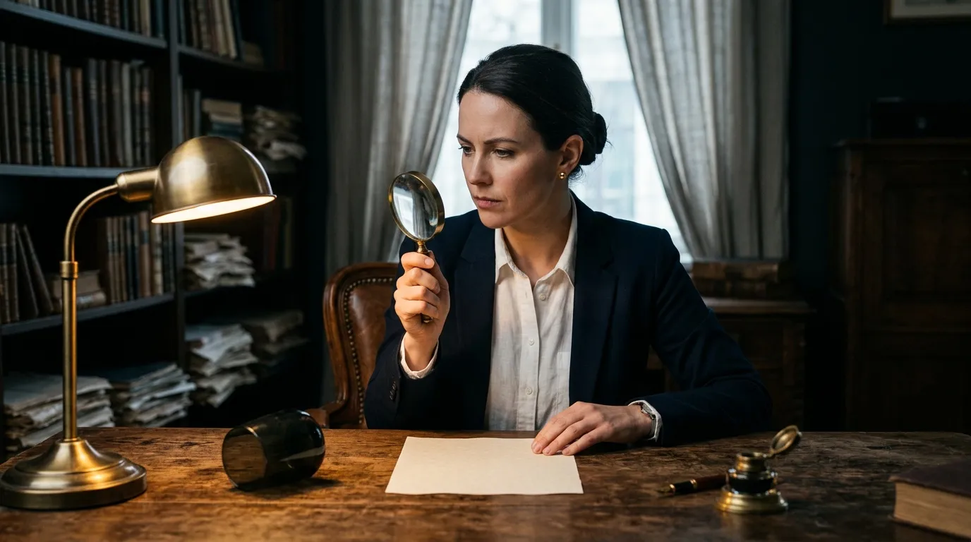 Femme d'affaires examinant un document avec loupe en bureau