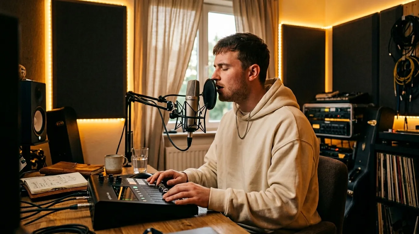 Homme en sweat-shirt enregistrant au microphone en studio