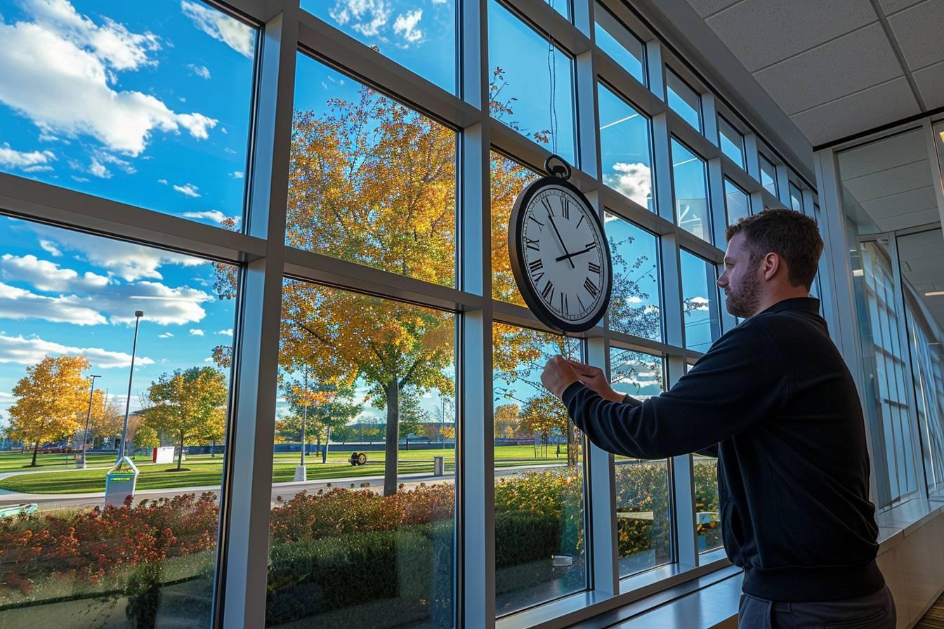 Un homme regarde l'horloge dans un bâtiment vitré avec paysage automnal derrière