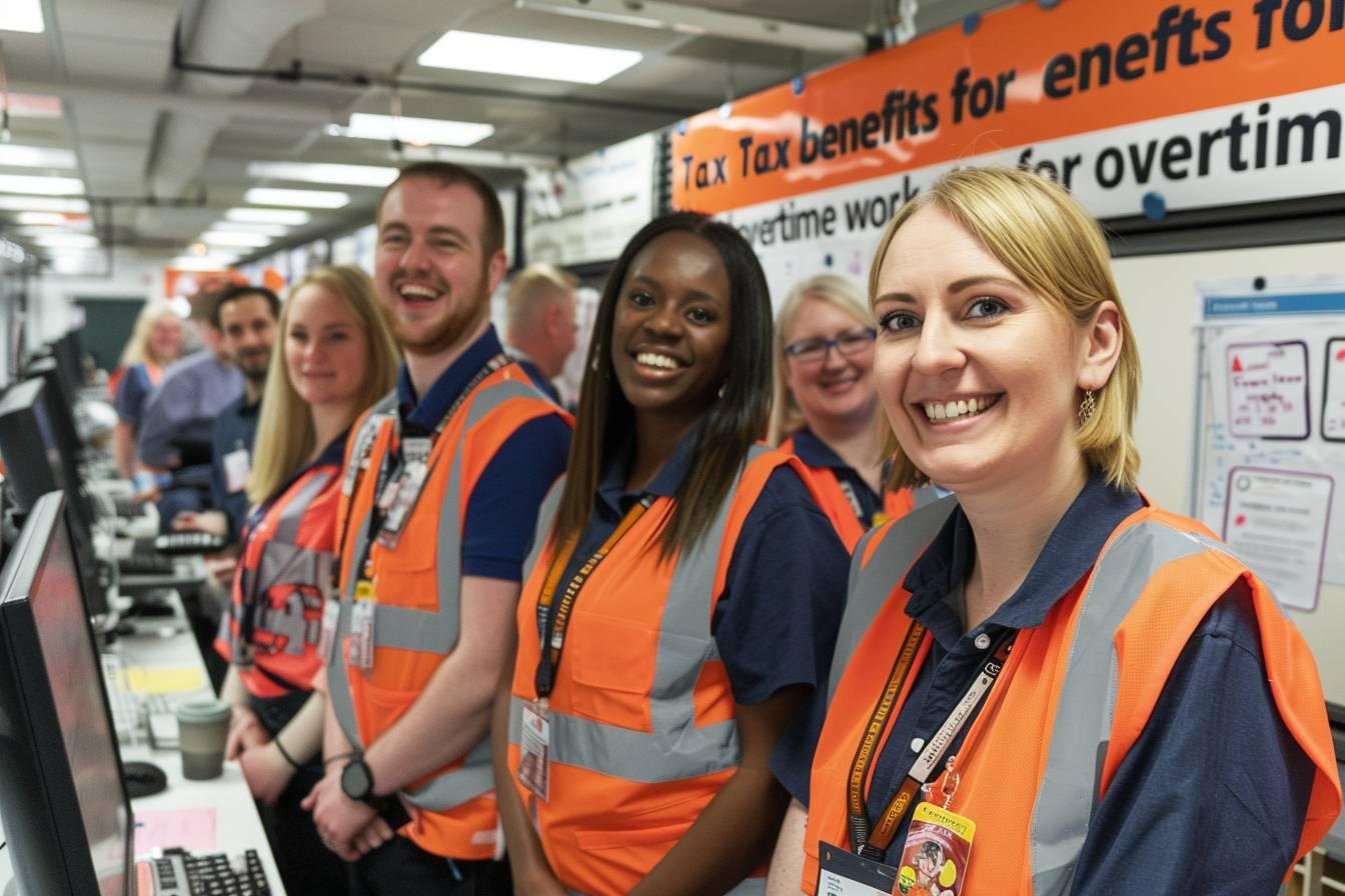 Groupe de personnes en gilets de s&eacute;curit&eacute; orange souriantes dans un bureau