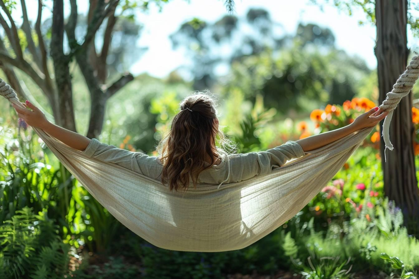 Une femme relaxe dans un hamac dans un jardin verdoyant.