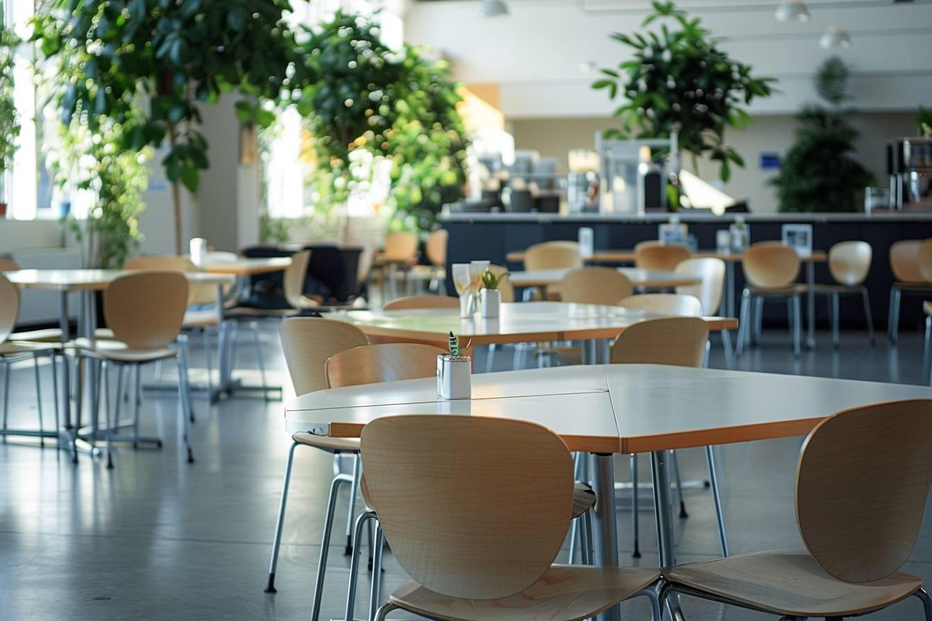 Intérieur lumineux d'un café avec des tables, des chaises et des plantes vertes