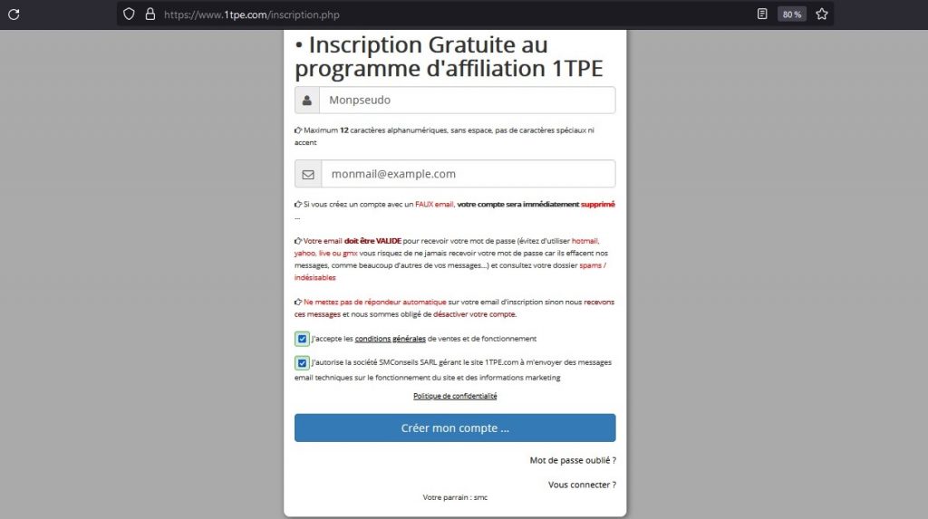 Remplir le premier formulaire d'inscription