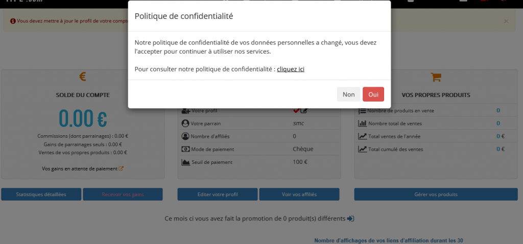 Pop d'acceptation de la politique de confidentialité