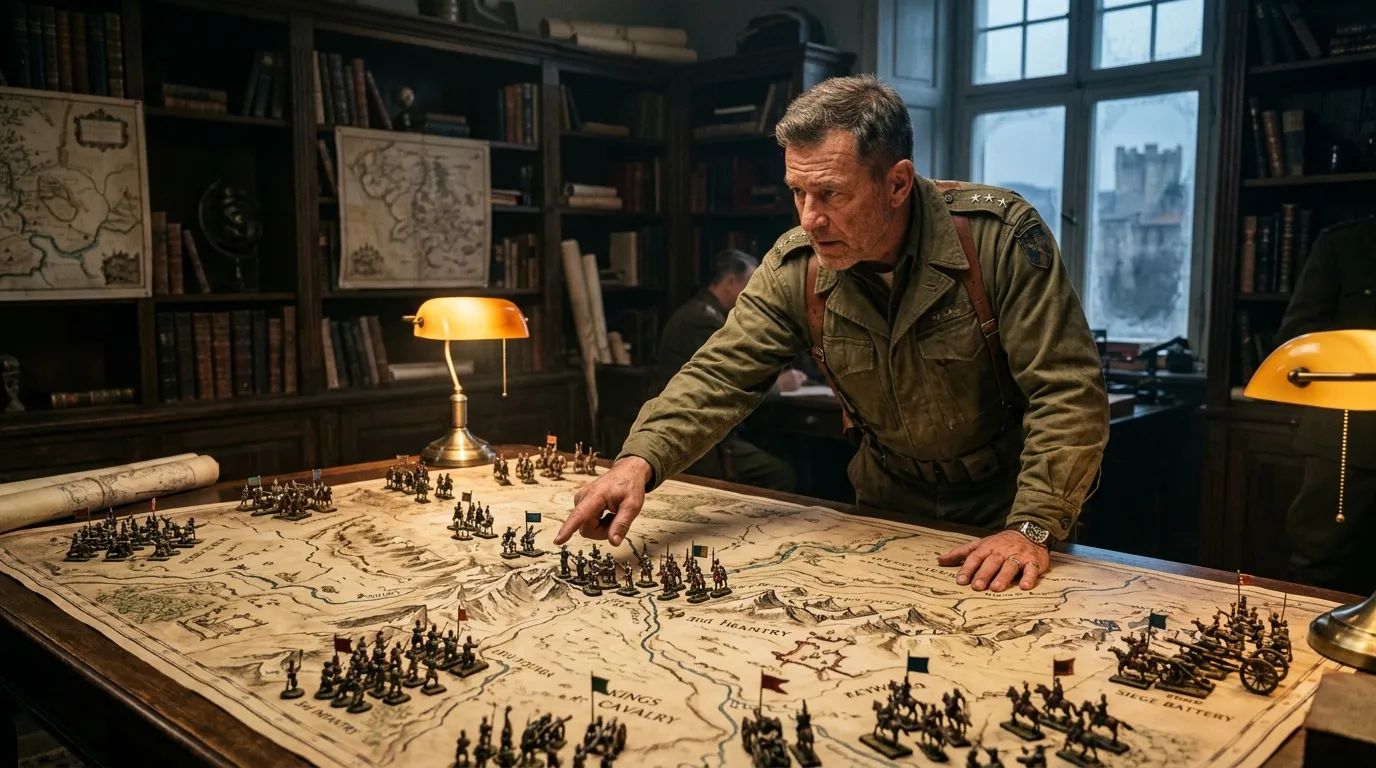 Officier militaire examenant une carte tactique avec figurines