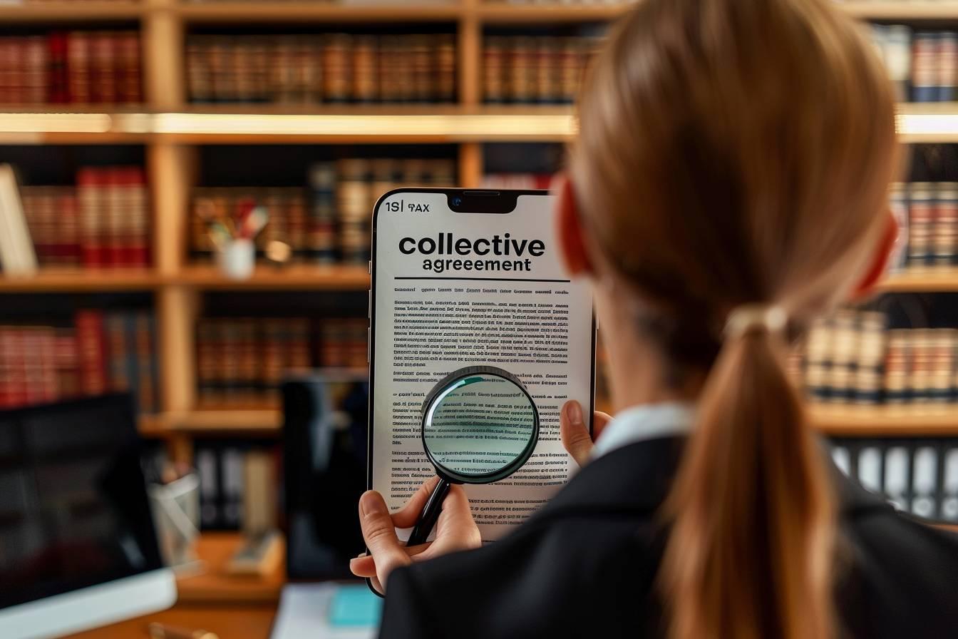 Une personne examine attentivement un contrat collectif &agrave; travers une loupe.