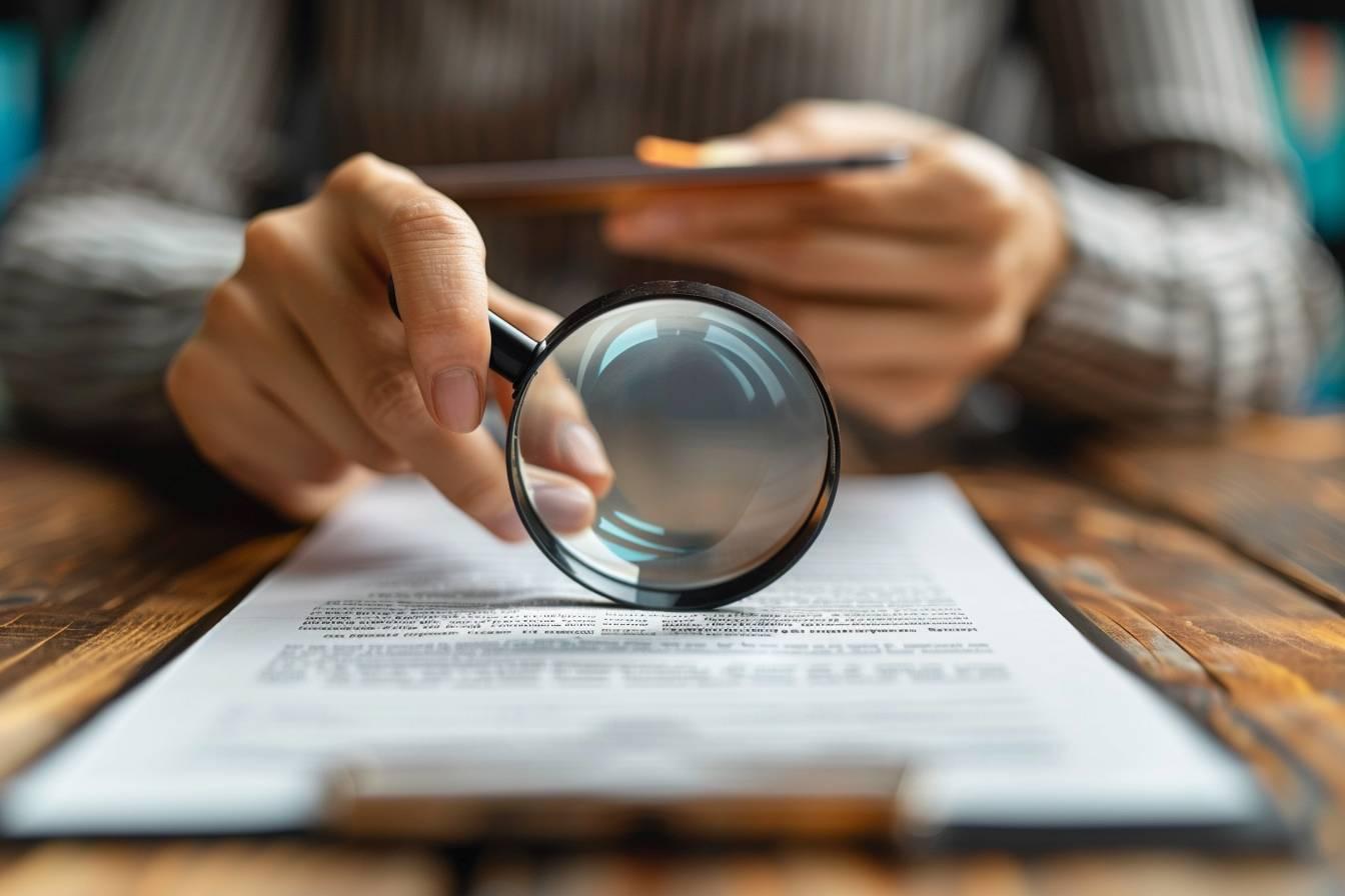 Gros plan des mains tenant une loupe sur des documents imprimés