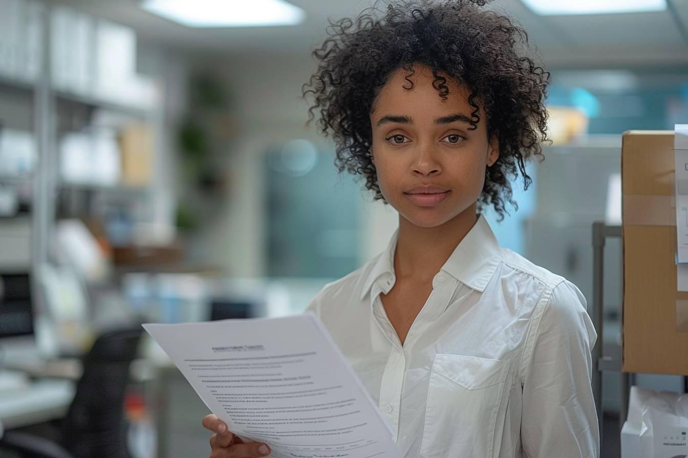 Portrait d'une jeune femme afro-am&eacute;ricaine v&ecirc;tue d'une chemise blanche, tenant des documents.