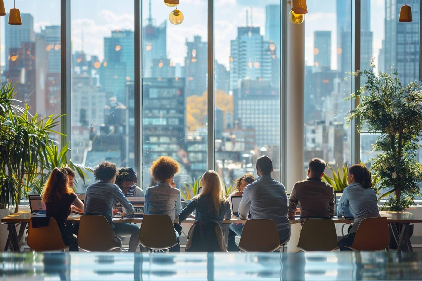 Groupe de personnes travaillant dans un bureau avec une vue imprenable sur la ville