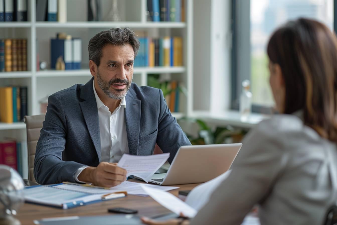 Deux personnes discutant lors d'une r&eacute;union professionnelle dans un bureau