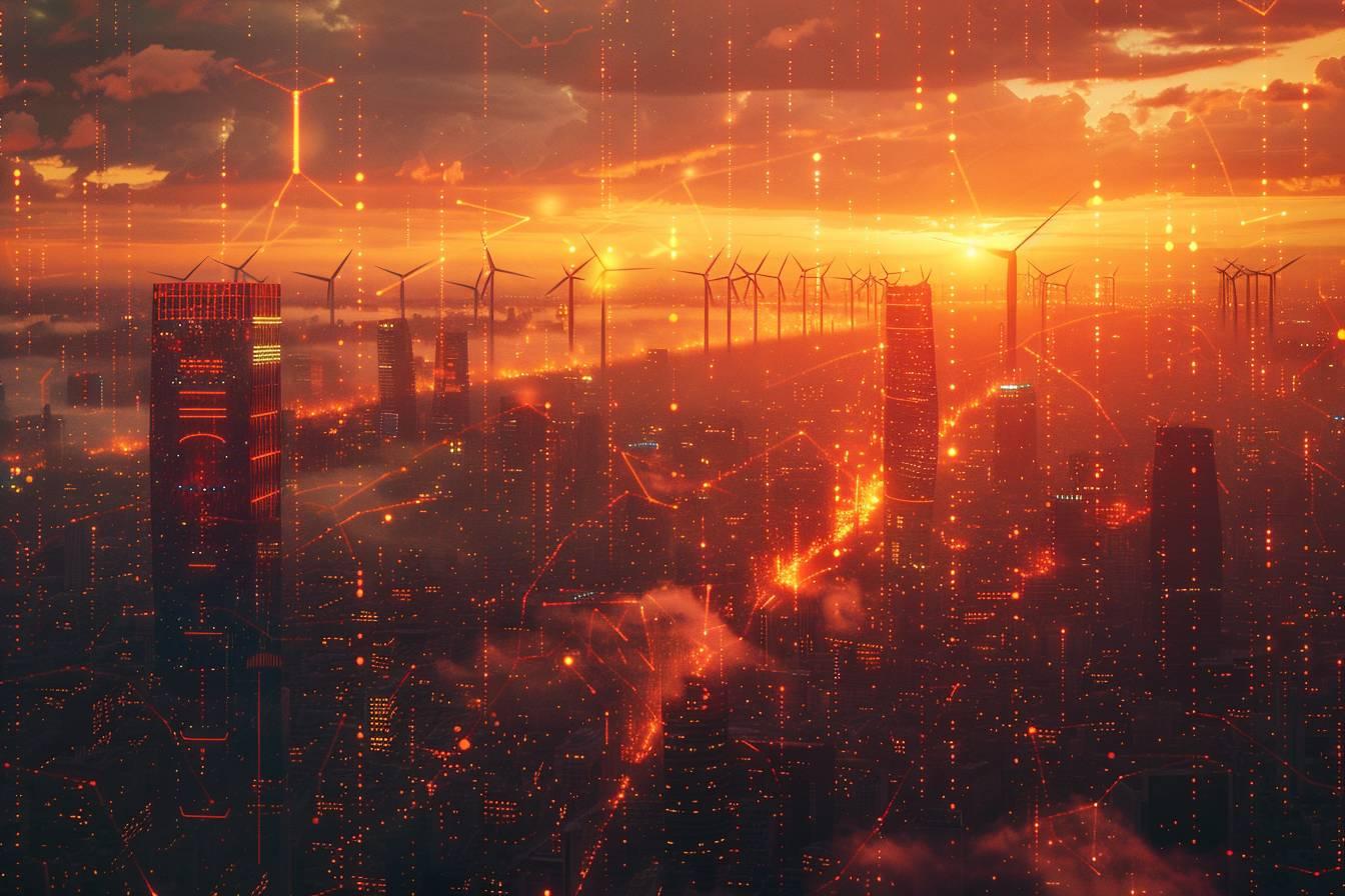 Ville de gratte-ciel et d'éoliennes baignée d'une lueur orange flamboyante