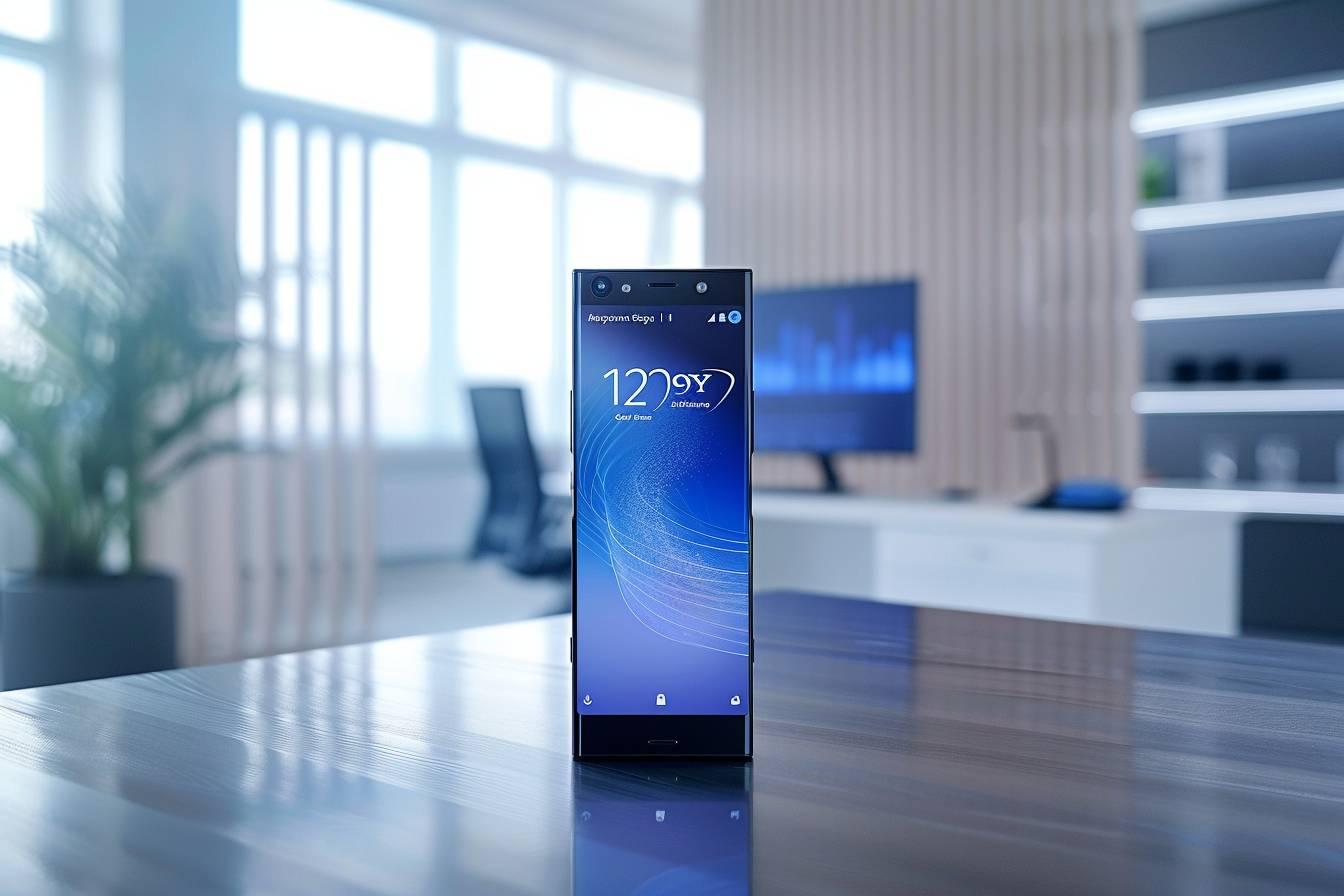 Smartphone noir posé sur une table en bois dans un intérieur lumineux