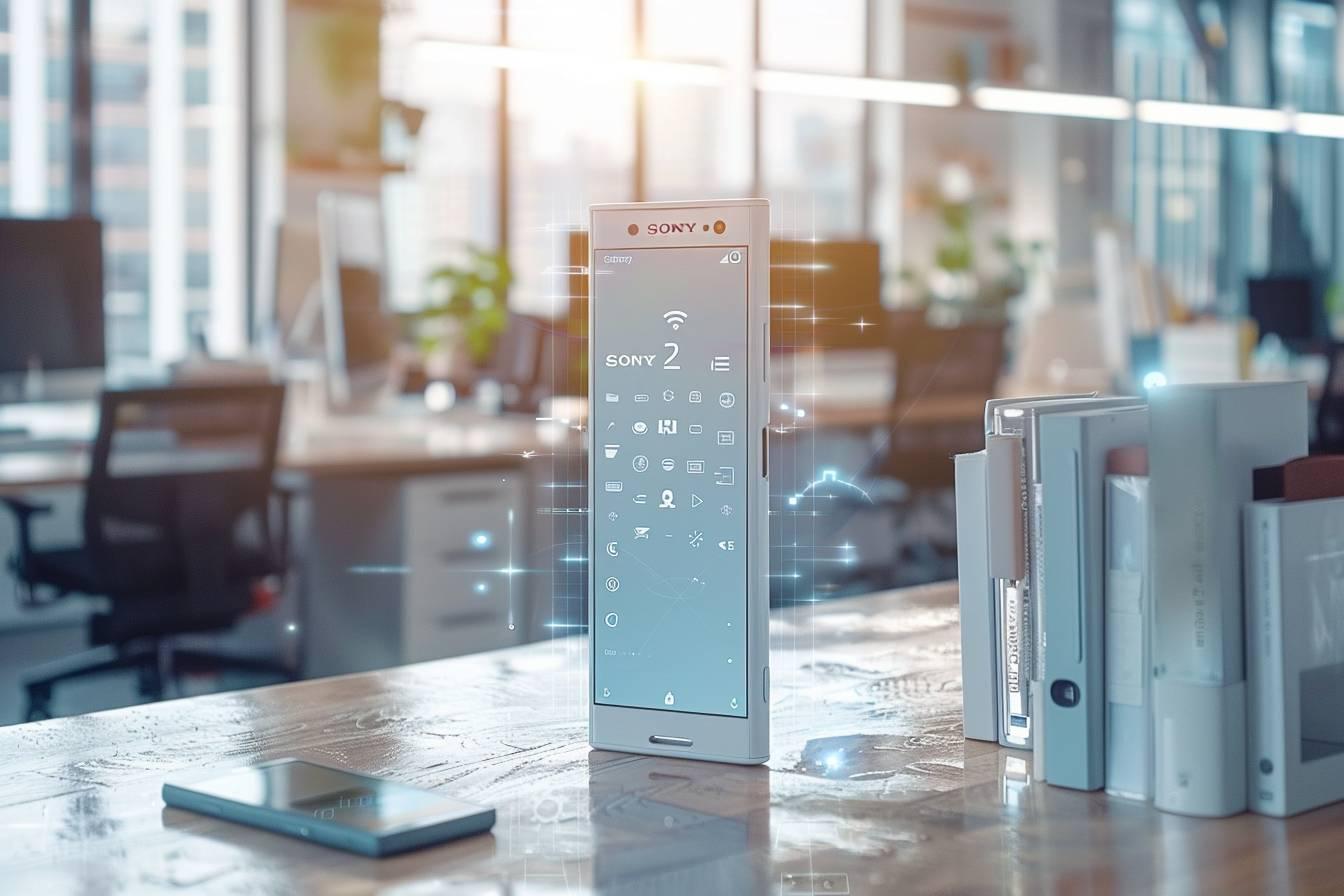 Gros plan sur un smartphone Sony haut de gamme dans un bureau lumineux