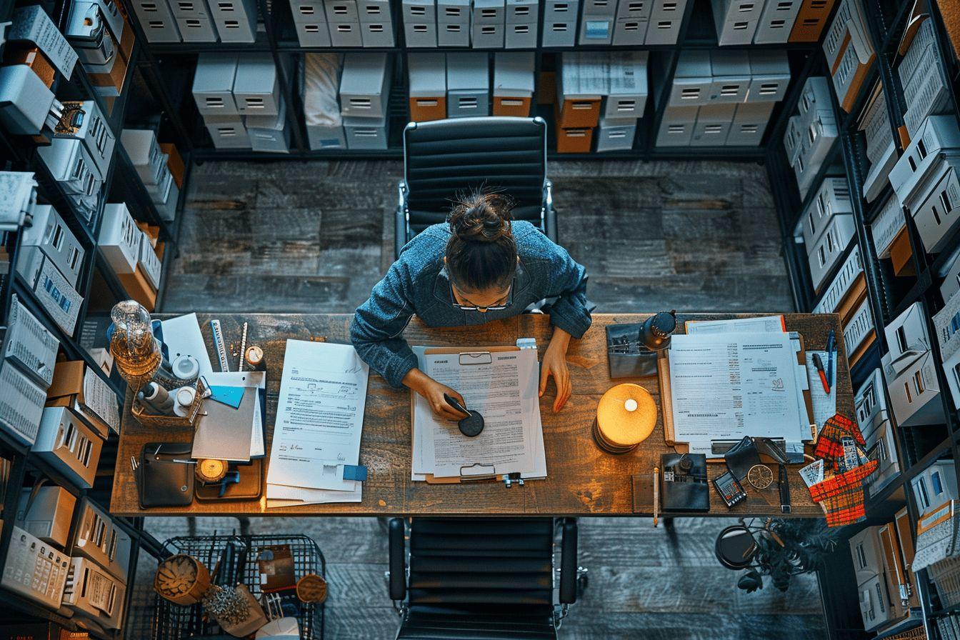 Vue aérienne d'une femme travaillant seule sur des dossiers dans un bureau encombré.