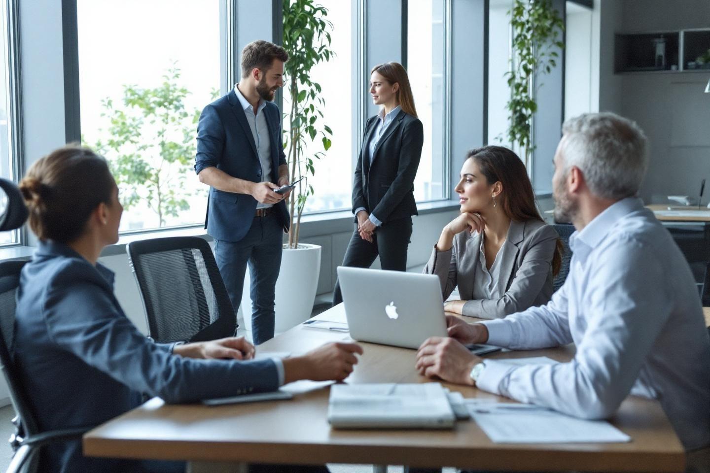 Équipe professionnelle en discussion dans un bureau contemporain