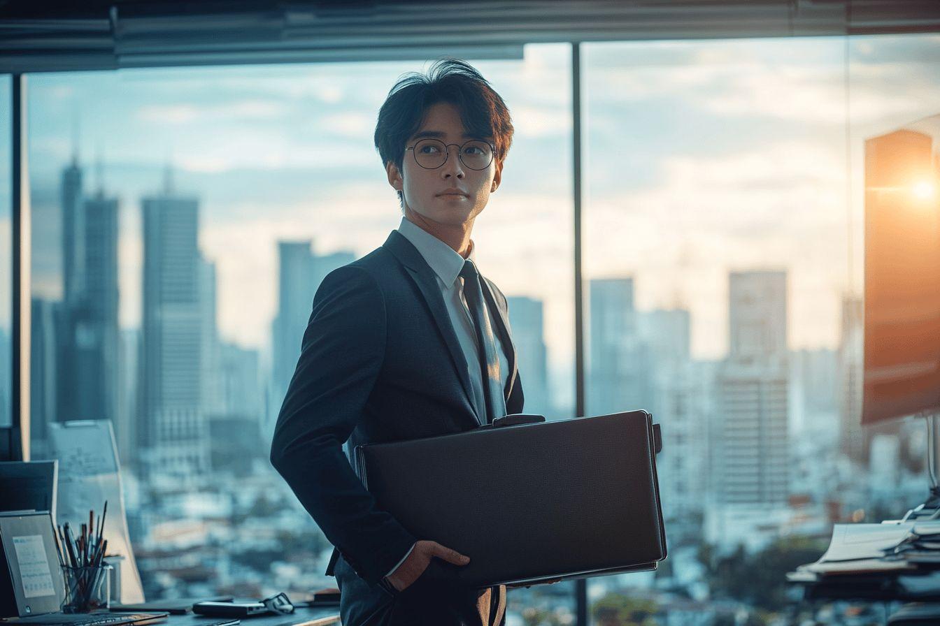 Homme d'affaires avec mallette devant panorama urbain