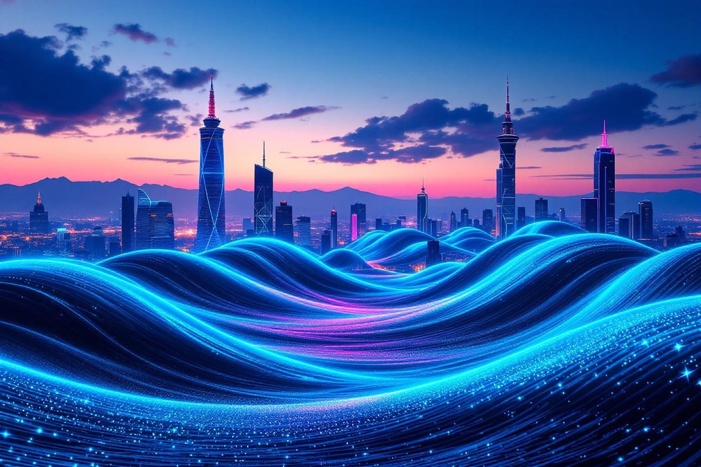 Vagues numériques sur métropole futuriste